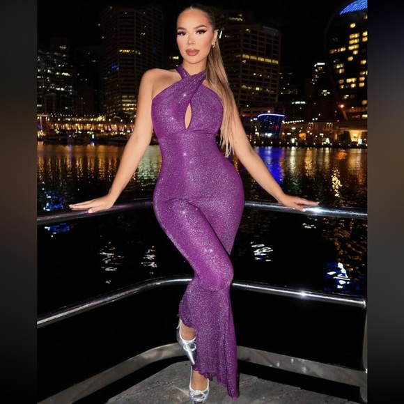 Women's Sparkly Party Cross Halter Flare Jumpsuit - Picture 5 of 5